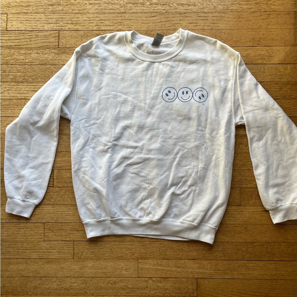 White and Blue Smiley Face Crewneck